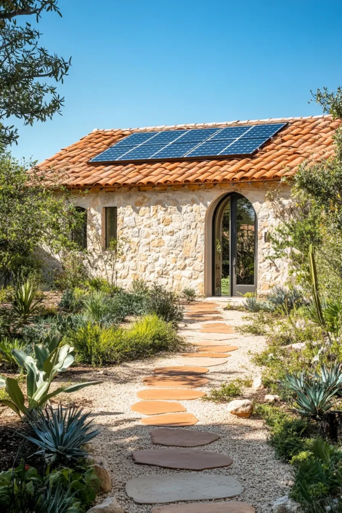 Eco friendly Spanish Mediterranean house featuring energy efficient design courtyard with drought resistant plants and clay tile pathways