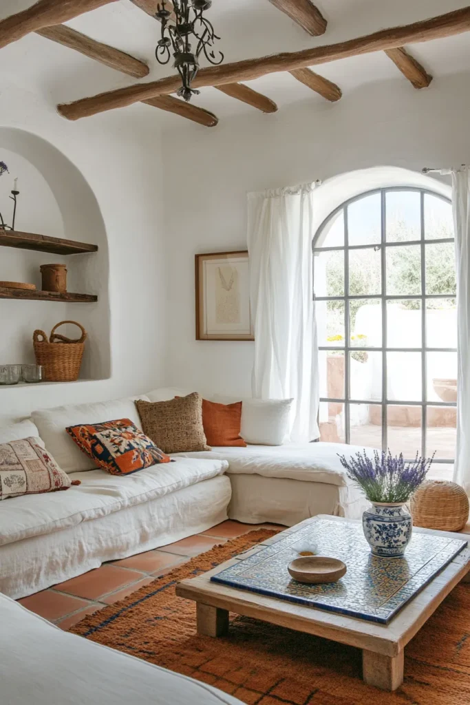 Bright airy living room featuring Mediterranean design elements neutral tones colorful accents and natural textures
