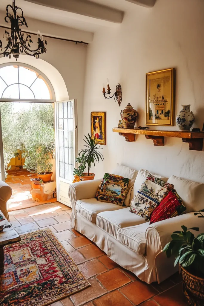 Inviting Spanish inspired living space with rustic elements modern furniture and personal touches