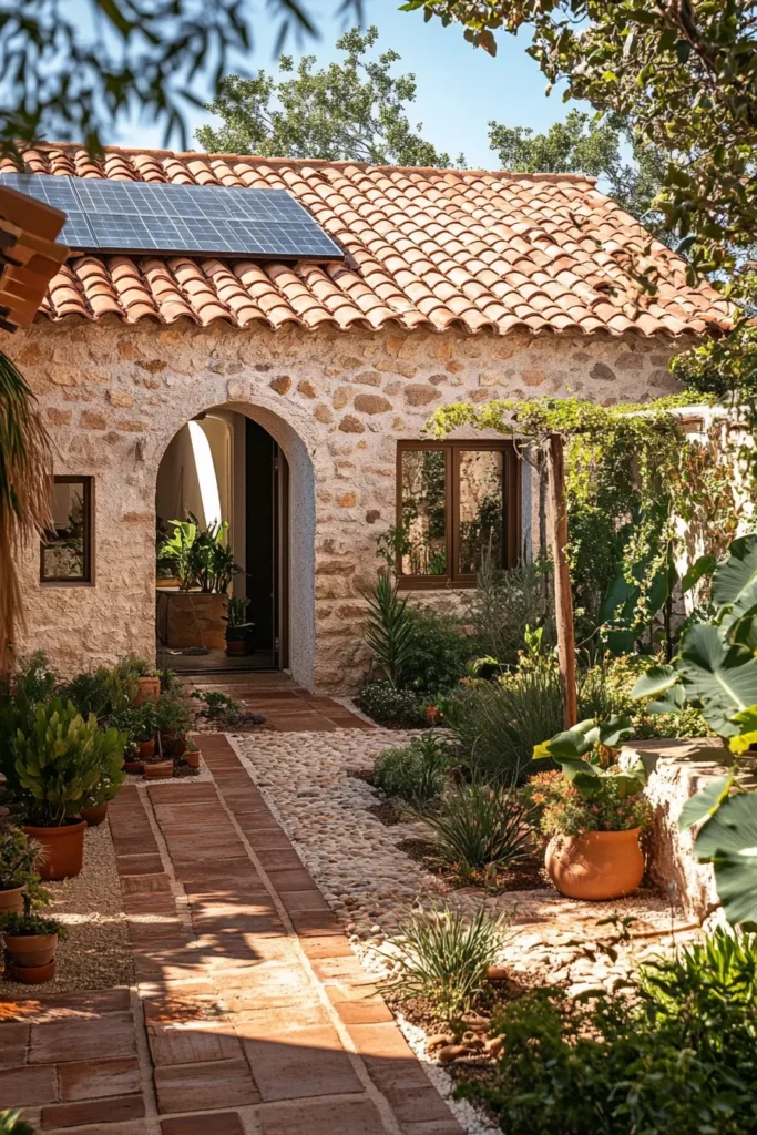 Modern Spanish Mediterranean home exterior with eco friendly features solar panels stone walls arched windows and sustainable landscaping