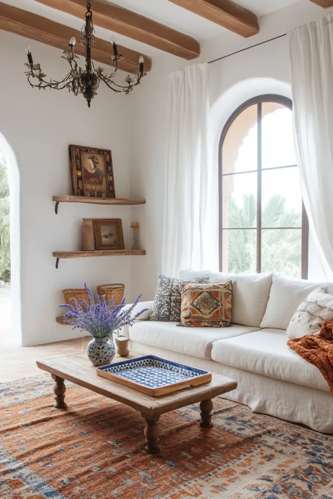 Coastal inspired living space blending traditional Mediterranean elements with contemporary design featuring natural light and textures