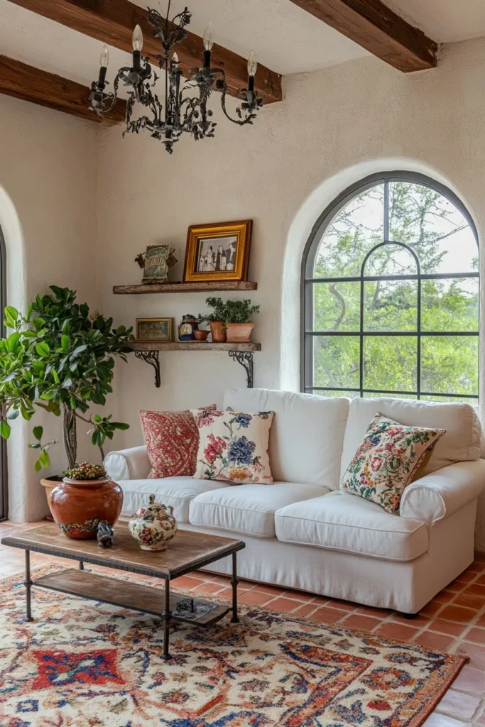 Sun drenched Spanish Mediterranean living room with white stucco walls arched window and rustic decor