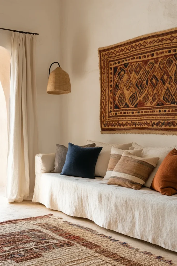 Cozy Mediterranean retreat with layered textures, geometric patterns, and elegant lighting in natural sunlight