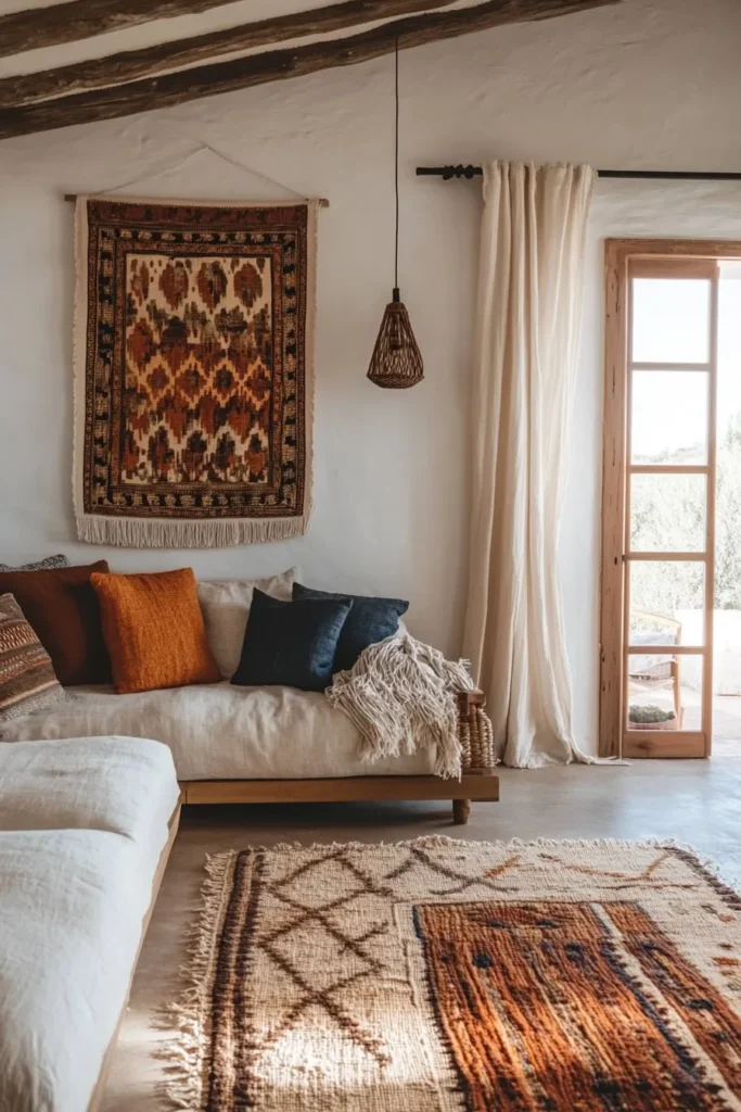 Sun drenched Spanish Mediterranean living room with plush rug, linen sofa, tapestry, and statement lighting