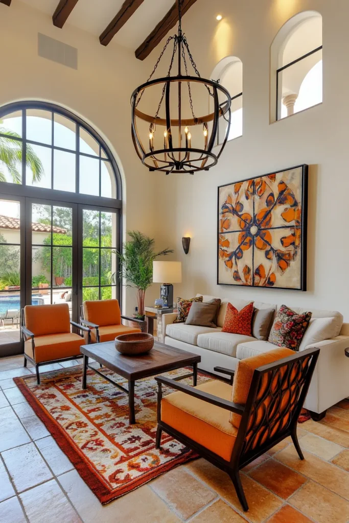Airy Spanish style interior featuring statement lighting, high ceiling, comfortable seating, and natural light.