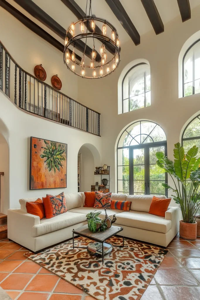 Modern living space with geometric pendant light, neutral sofa, colorful accents, and Mediterranean inspired decor.