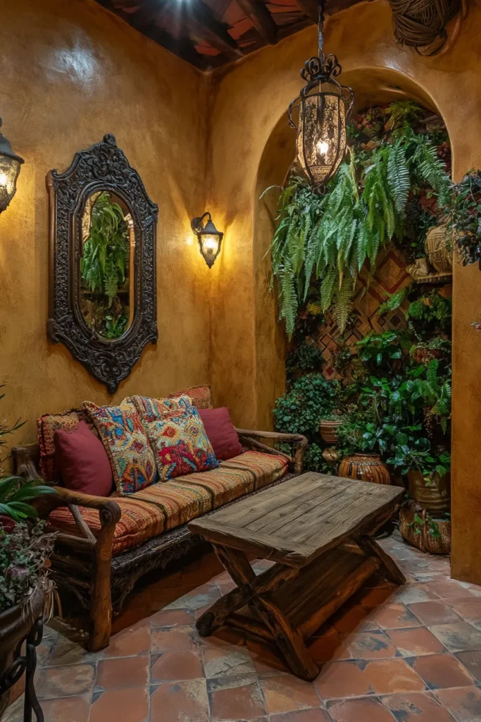 Modern Mediterranean inspired compact room with wrought iron accents, mirrors, and transforming furniture