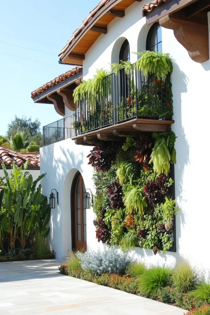 Modern Mediterranean home with white stucco walls adorned by vertical garden wrought iron balcony arched entrance
