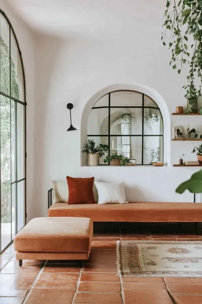 Modern Mediterranean home design featuring vertical gardens open shelving and space saving furniture