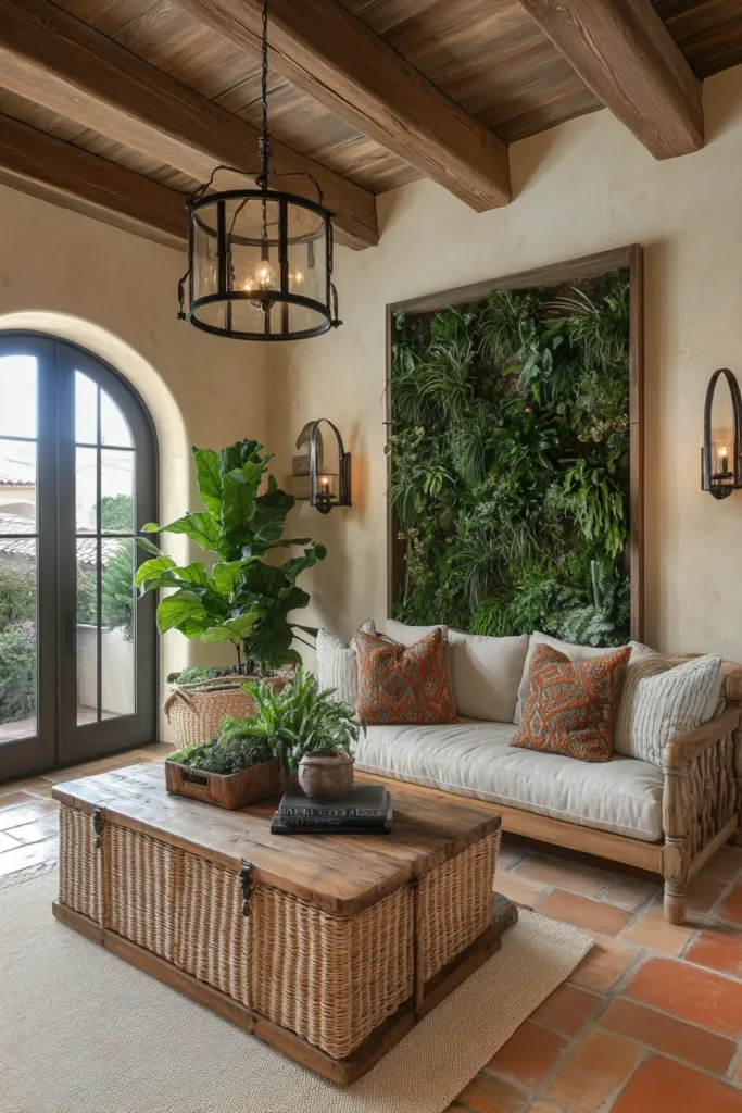 Versatile Spanish inspired interior with adaptable furniture, warm terracotta tiles, and elegant pendant lighting