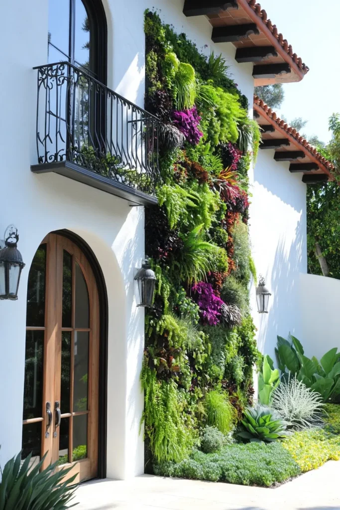 Sunlit courtyard with green wall system Mediterranean flora terracotta roof tiles warm earthy colors