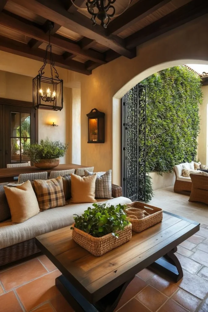 Modern Spanish Mediterranean living room with multifunctional furniture, terracotta floors, arched doorway, and vertical garden wall