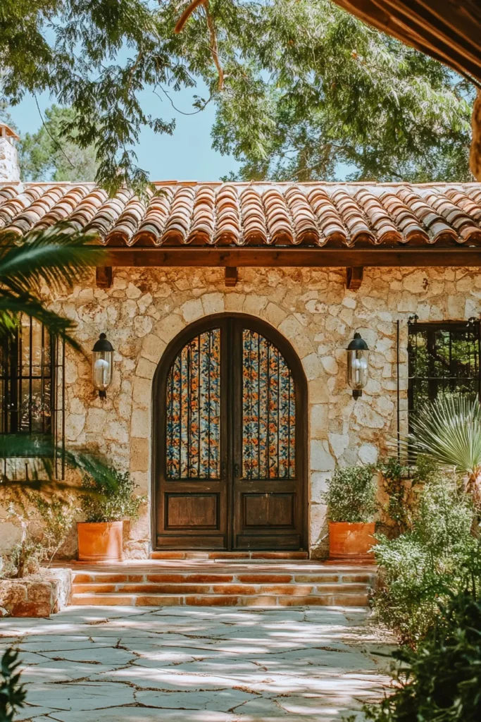 Spanish Mediterranean home exterior with arched doorway wrought iron details terracotta roof and modern glass extension