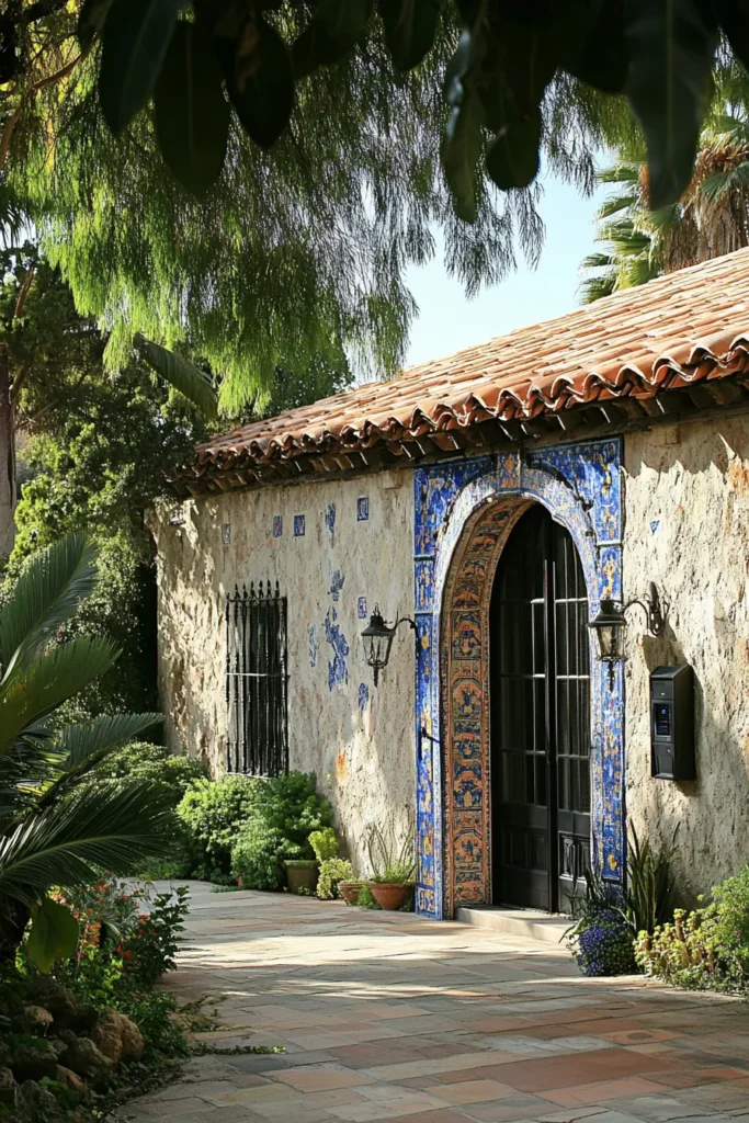 Renovated Spanish style exterior with terracotta roof hand painted tiles and seamlessly integrated modern elements