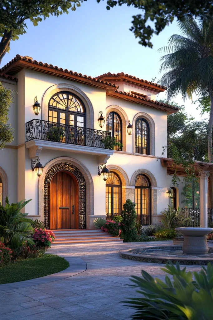 Modern Spanish Mediterranean home exterior featuring ornate wooden door lush garden and sleek architectural elements