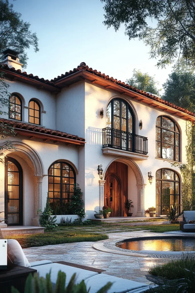 Spanish Mediterranean villa exterior blending traditional elements with modern glass extension and smart technology