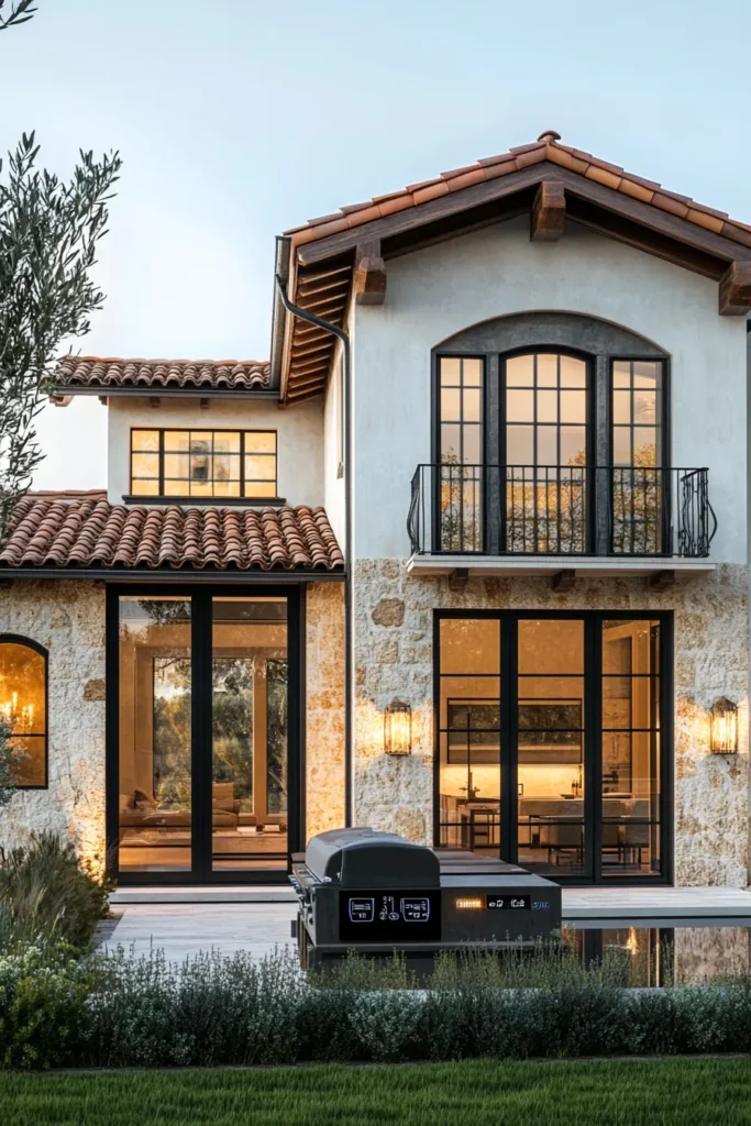 Photorealistic render of modern Mediterranean exterior blending glass, stone, and terracotta elements