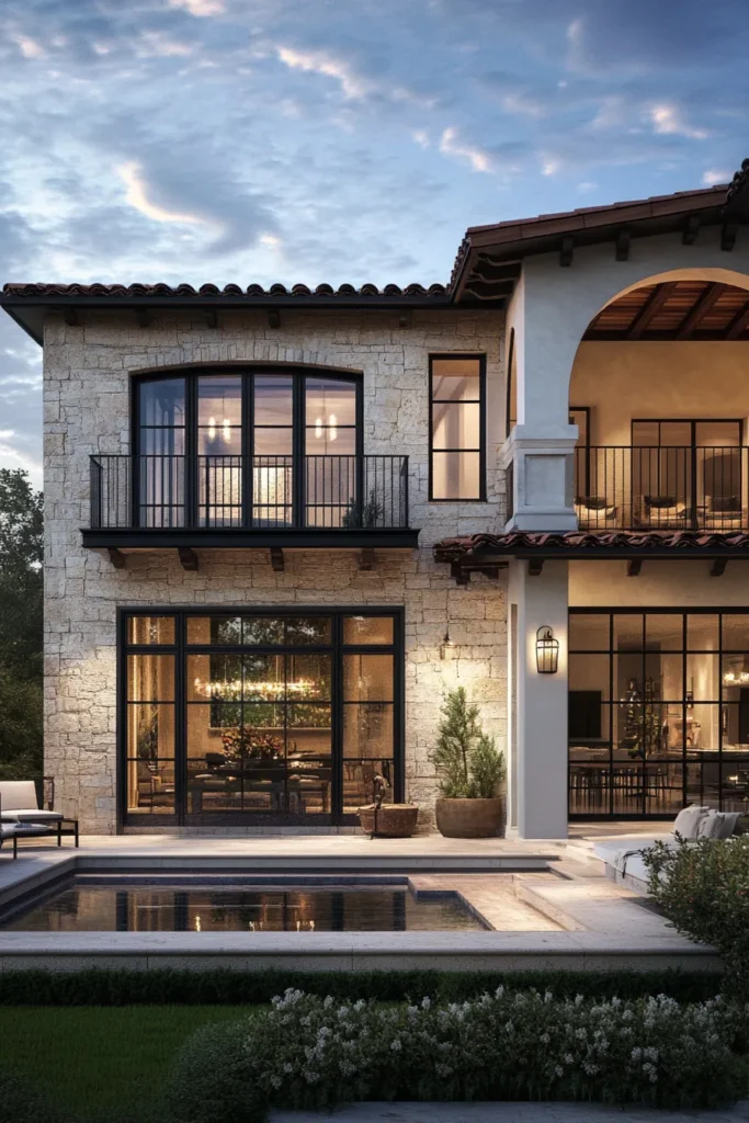 Sunlit interior of contemporary Spanish style house with exposed beams and smart home features