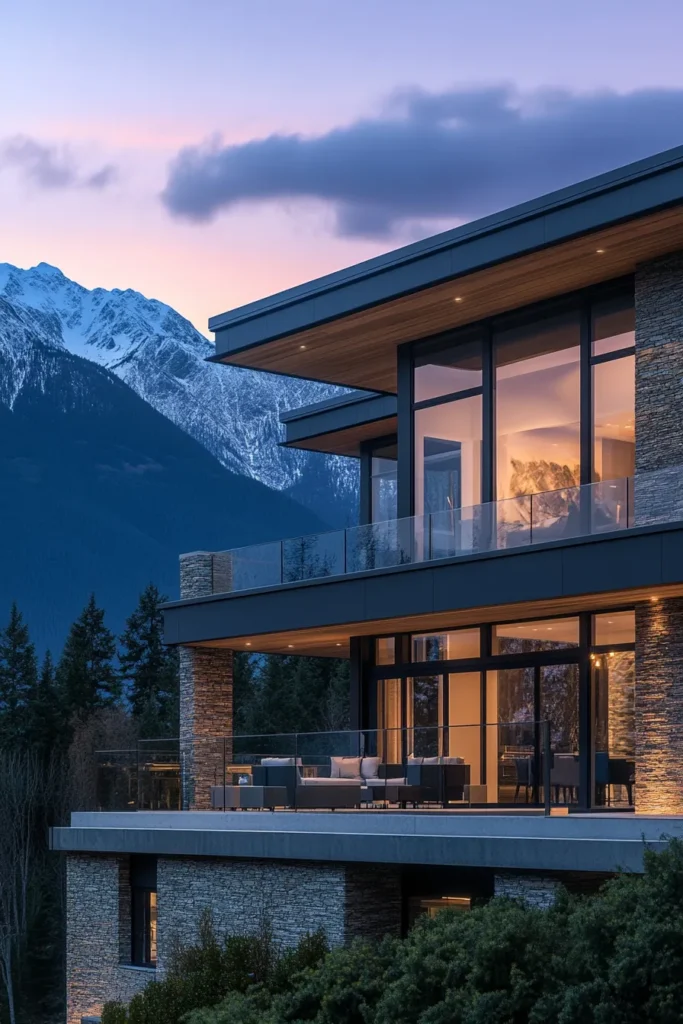 Sleek mountain house exterior featuring geometric shapes, natural materials, and panoramic views of wilderness