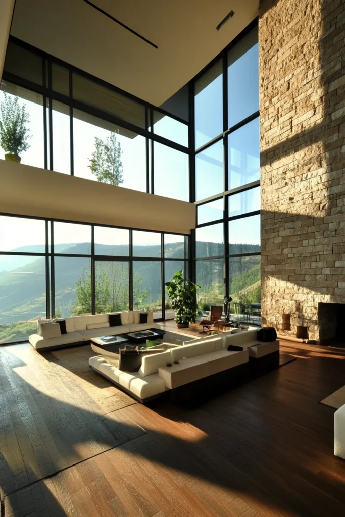 Spacious mountain living area with angular lines, natural materials, and floor to ceiling windows showcasing landscape