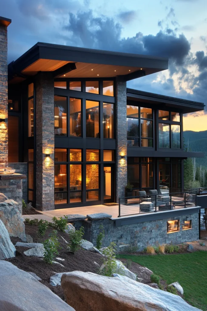 Modern mountain home exterior with geometric windows, flat roof, metal and stone textures, surrounded by rugged landscape