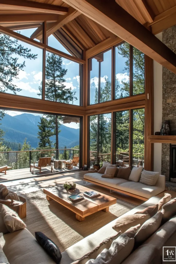 Innovative mountain home design with glass walls, rustic elements, and stunning views of surrounding peaks