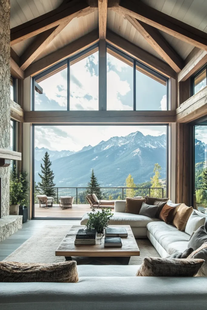 Modern mountain home living room with floor to ceiling windows, timber beams, stone walls, and panoramic mountain views