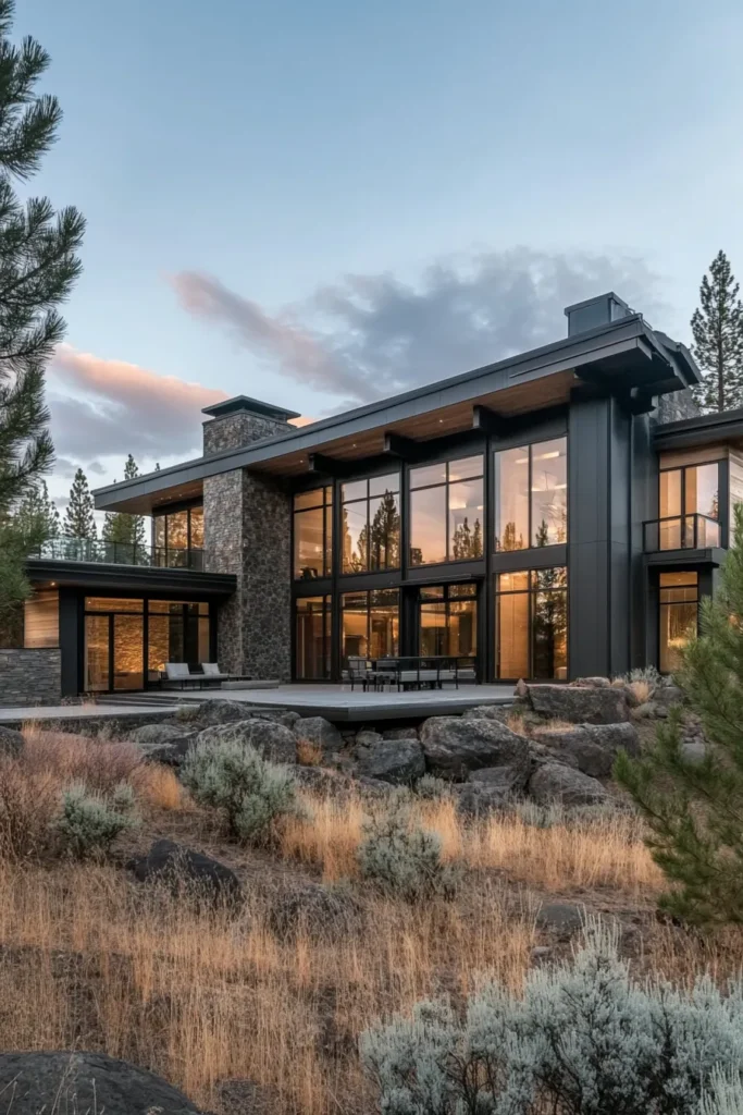 Sleek mountain modern home exterior showcasing geometric shapes, panoramic views, and a contemporary patio area