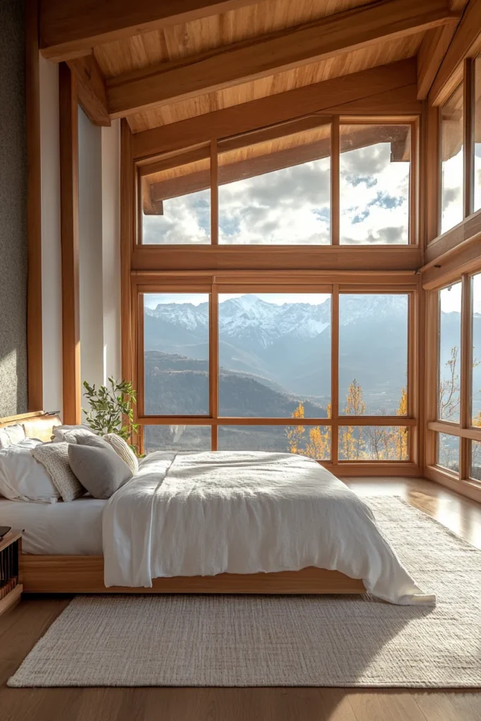 Modern mountain bedroom with panoramic windows, wooden beams, and minimalist decor showcasing breathtaking mountain views