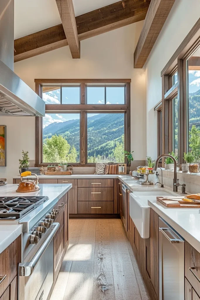 Modern mountain kitchen with neutral palette, natural wood finishes, and seamless indoor outdoor connection through large windows