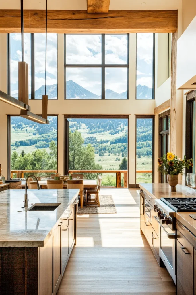 Spacious mountain home kitchen featuring contemporary design, natural materials, and expansive windows showcasing scenic vistas