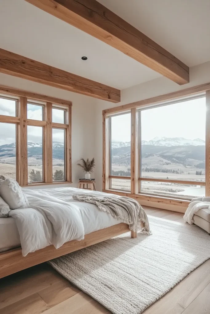 Rustic modern mountain bedroom blending wood, stone, and glass elements with panoramic windows