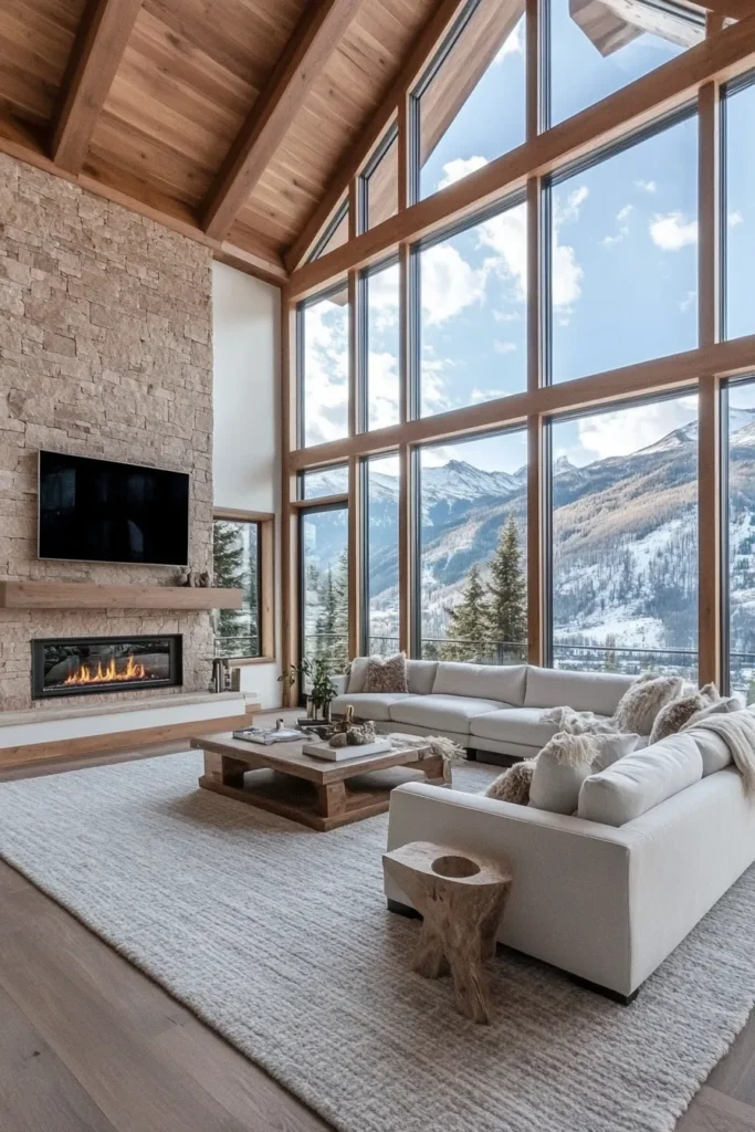 Rustic chic mountain retreat featuring panoramic alpine views, minimalist decor, and integrated storage designs