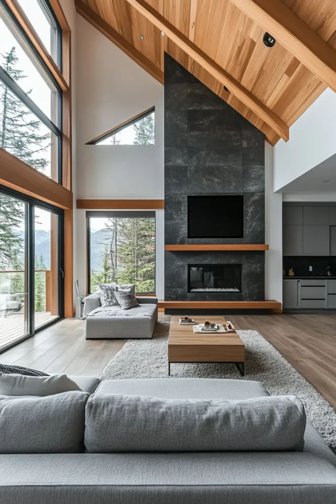 Luxurious mountain retreat blending rustic charm with modern amenities, showcasing expansive mountain views