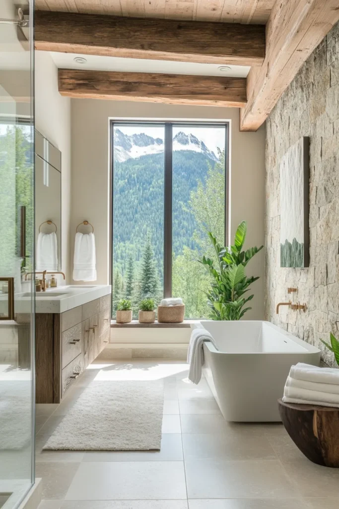 Spacious mountain home bathroom sanctuary natural light wooden beams minimalist decor panoramic windows