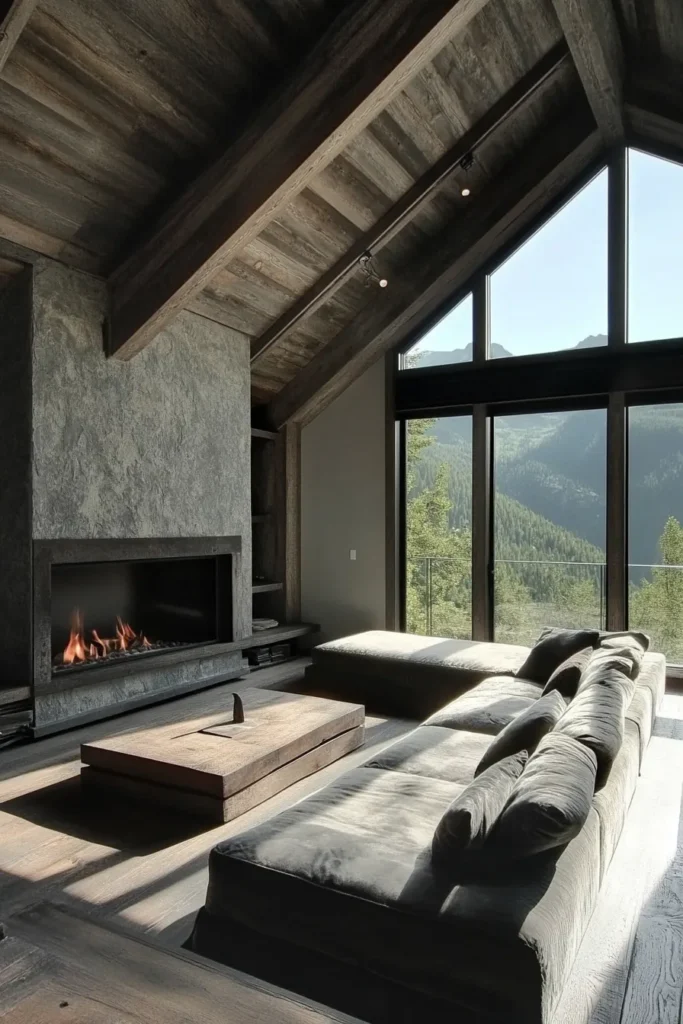 Spacious mountain living room with high ceilings, stone walls, and built in storage showcasing modern rustic design