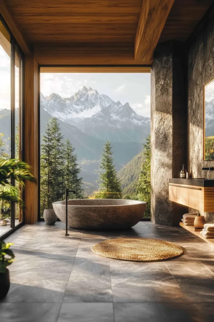 Luxury mountain home bathroom with freestanding tub, fireplace, and expansive windows showcasing nature