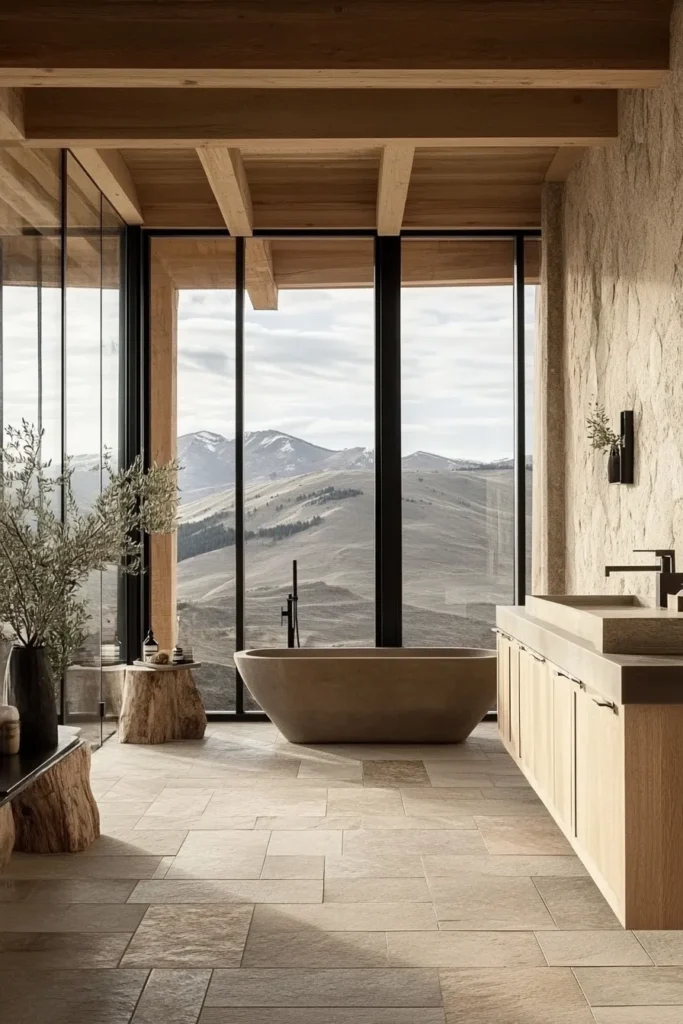 Rustic modern bathroom featuring natural materials, glass shower, and panoramic mountain landscape