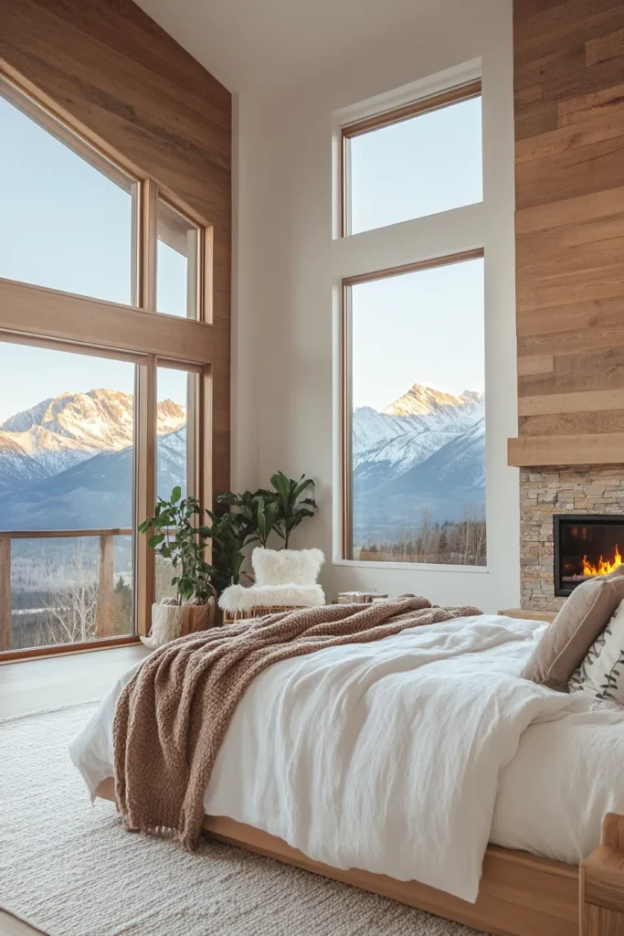 Cozy contemporary alpine bedroom featuring plush bed, fireplace, large windows, and rustic modern decor elements.