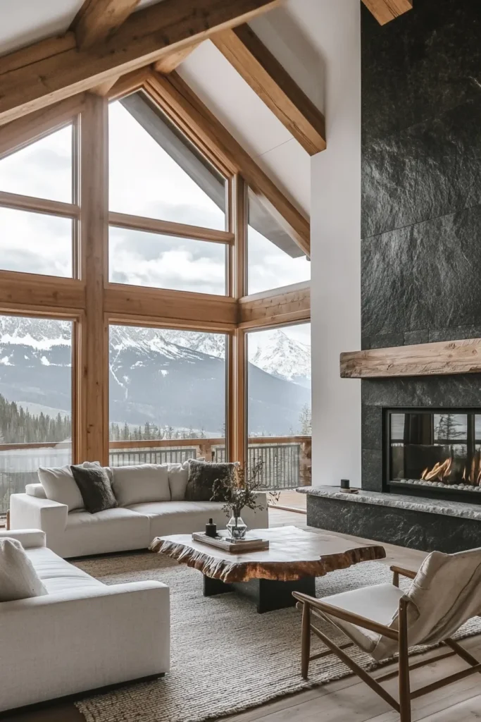 Open concept mountain home interior blending contemporary design with natural materials and stunning vistas