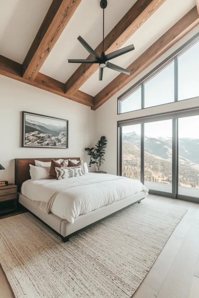 Compact mountain bedroom clever space optimization floor to ceiling windows natural materials modern rustic design elements