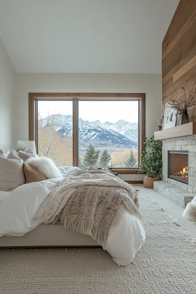 Luxurious mountain retreat bedroom with seamless indoor outdoor design, fireplace, and panoramic nature views.