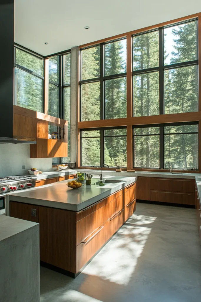 Sunlit mountain home kitchen featuring rustic and contemporary elements with expansive forest vistas