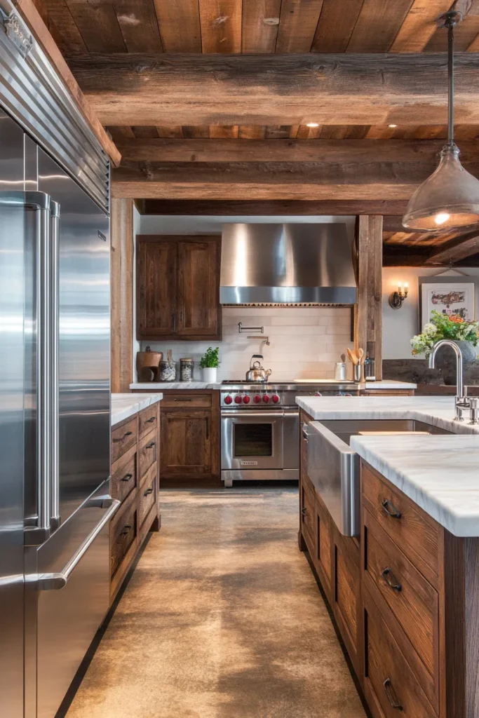 Sun filled modern mountain kitchen with sleek appliances, wooden textures, and inviting accent chair seating area