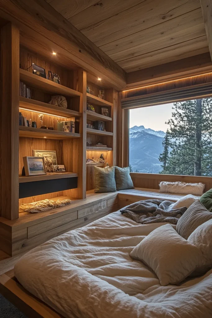 Rustic modern bedroom with fireplace, custom built ins, and cohesive color palette