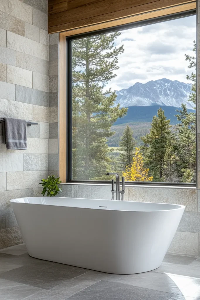 Modern mountain bathroom with freestanding tub, stone walls, and large window framing mountain view