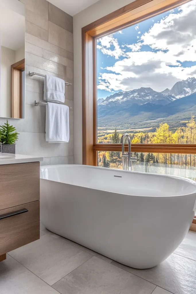Sunlit mountain retreat bathroom with contrasting textures, minimalist decor, and panoramic views