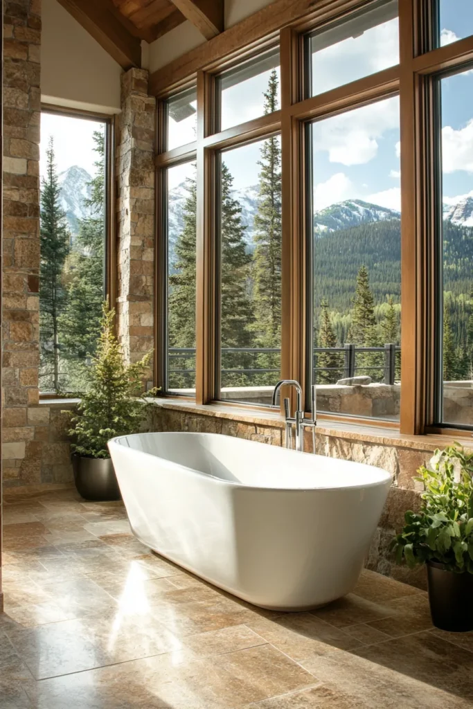 Modern mountain bathroom with freestanding tub, floor to ceiling windows, stone tiles, and alpine views