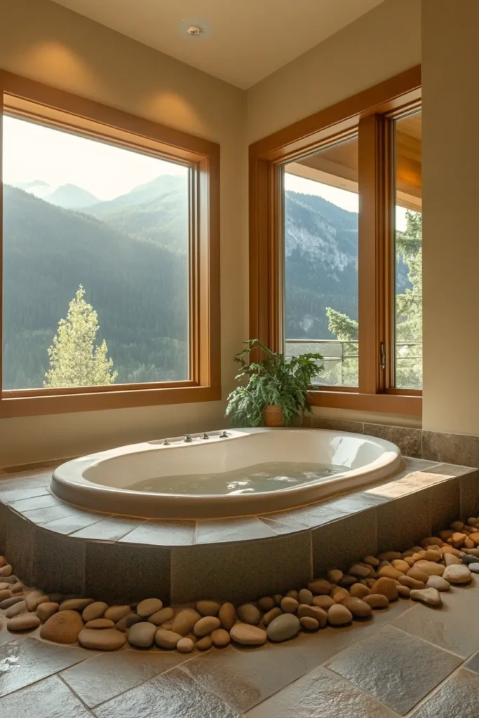 Tranquil mountain spa retreat featuring natural elements, sleek fixtures, and breathtaking panoramic views