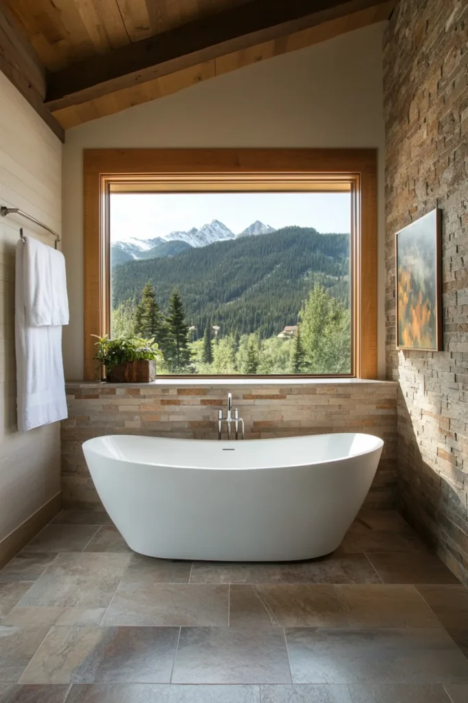 Luxurious mountain retreat bathroom blending indoor comfort with outdoor beauty and natural elements